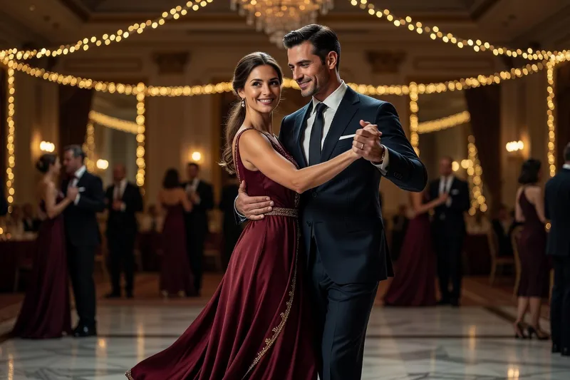 Couple élégant dansant une valse lente lors d'une soirée raffinée, l'homme guidant avec assurance sa partenaire souriante