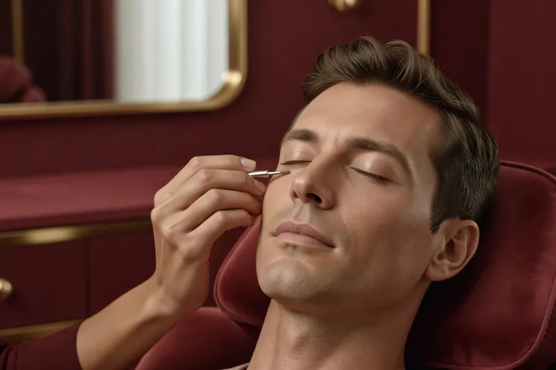 Gros plan d’un homme soignant ses sourcils et ses lèvres avec des produits discrets