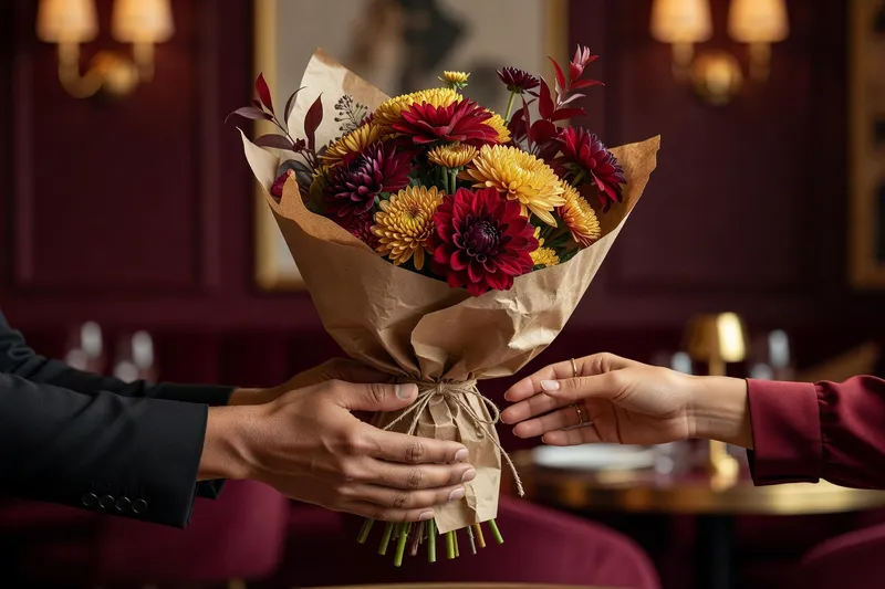 Un bouquet de fleurs de saison remis avec élégance lors d'un rendez-vous raffiné