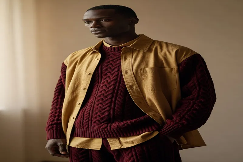Silhouette masculine élancée avec cardigan, chemise et manteau en laine